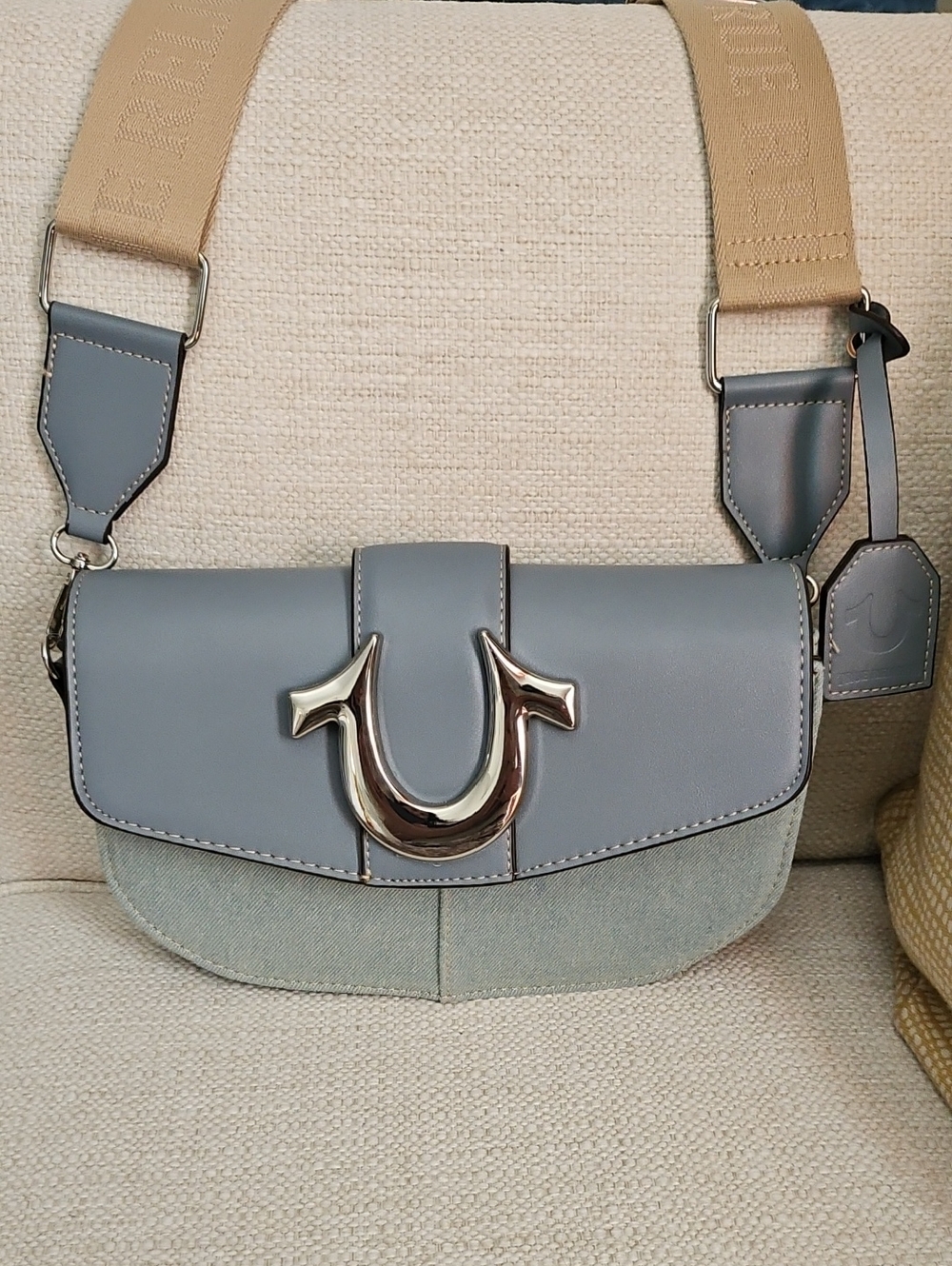 True Religion Dusty Blue Crossbody Bag with Tan Strap